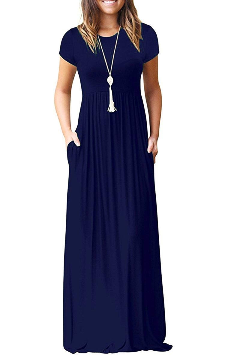 AUSELILY Women's Short Sleeve Loose Plain Casual Long Maxi Dresses for Women 2026 Navy Blue L - Image 1
